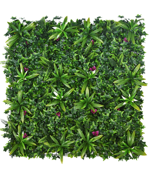 Artificiell Hedge Olivine 100x100 cm UV är en tät vertikal trädgårdspanel med gröna lummiga växter med små lila blommor, perfekt för att lägga till livfull grönska till alla utrymmen.