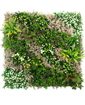 The Artificiell Hedge Pinky Love 100x100 cm UV är en kvadratisk vertikal trädgård med en tät blandning av gröna blad med rosa accenter, arrangerade i ett naturligt mönster på en vit bakgrund.
