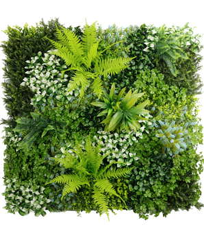 Artificiell Hedge Cloe 100x100 cm UV är en kvadratisk vertikal trädgård med en blandning av frodiga gröna växter och ormbunkar med varierande bladformer, storlekar och nyanser för en tät, strukturerad och livlig lövvägg.