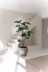 Den konstgjorda växten Monstera 210 cm, med breda gröna blad, står på ett vitt golv i ett ljust, minimalistiskt rum med vita väggar, en trappa och naturligt solljus.