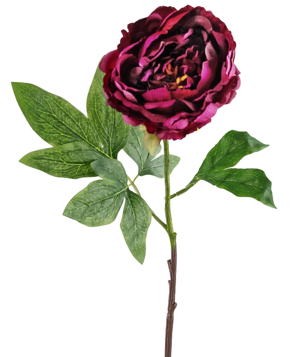 En enda stjälk av den konstgjorda blomman "Artificial Flower Peony 61 cm aubergine", med djupa auberginefärgade kronblad och detaljerade gröna blad, isolerade mot en vit bakgrund.