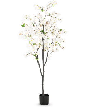 Den konstgjorda körsbärsblomman 180 cm vit är ett högt konstgjort träd med flera mörkbruna grenar, vita blommor och gröna blad i en enkel svart kruka, mot en vanlig vit bakgrund.