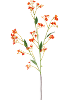 Artificiell gren Daphne Spray 108 cm orange har en enda, lång konstgjord gren med små ljusorange blommor och gröna blad, mot en vanlig vit bakgrund.