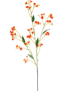 Artificiell gren Daphne Spray 108 cm orange har en enda, lång konstgjord gren med små ljusorange blommor och gröna blad, mot en vanlig vit bakgrund.