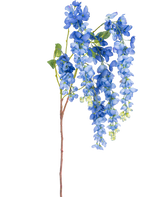 En enda 115 cm konstgjord blåregnsstam med livfulla blåregnsblommor och gröna blad på en lång, smal brun stjälk, isolerad på en vit bakgrund.