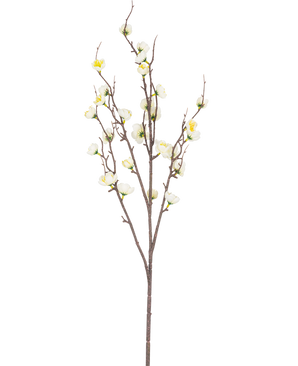 Den konstgjorda japanska körsbärsblomman 94 cm vit har en enda brun gren med flera tunna skott och små vita konstgjorda körsbärsblommor, mot en vanlig vit bakgrund.