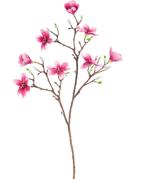 Den konstgjorda grenen Magnolia liten blommig 89 cm rosa har en gren med flera blommande rosa magnoliablommor och gröna blad, perfekt för dekorativt bruk.