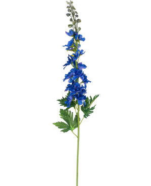 En enda stjälk Konstgjord blomma Delphinium 79 cm blå med blå blommor och gröna delade blad, mot en vanlig vit bakgrund.