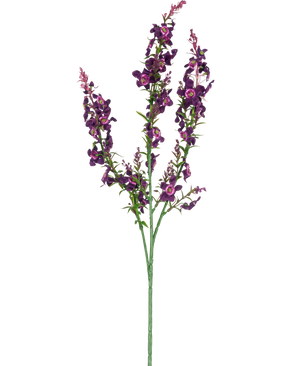 Artificiell blomma kattmynta 75 cm rosa är en enda konstgjord stjälk med tre grenar av rosa och lila blommor och gröna blad, isolerade på en vit bakgrund.