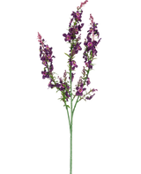 Artificiell blomma kattmynta 75 cm rosa är en enda konstgjord stjälk med tre grenar av rosa och lila blommor och gröna blad, isolerade på en vit bakgrund.