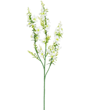 Artificiell blomma kattmynta 75 cm vit har en enda grön stjälk med flera grenar av små vita blommor och gulgröna knoppar, isolerade på en vit bakgrund.