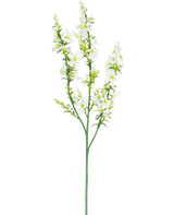 Artificiell blomma kattmynta 75 cm vit har en enda grön stjälk med flera grenar av små vita blommor och gulgröna knoppar, isolerade på en vit bakgrund.