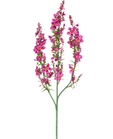 En Artificiell Blomma Kattmynta 75 cm ljusrosa har en enda grön stjälk med tre grenar, var och en med klasar av små, ljusrosa blommor och gröna blad, mot en vanlig vit bakgrund.