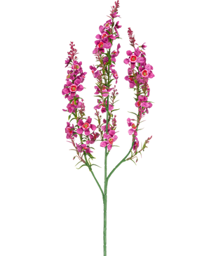 En Artificiell Blomma Kattmynta 75 cm ljusrosa har en enda grön stjälk med tre grenar, var och en med klasar av små, ljusrosa blommor och gröna blad, mot en vanlig vit bakgrund.