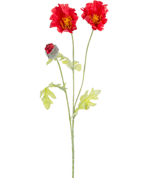 Artificiell blomvallmo 73 cm röd har en enda grön stjälk med två öppna röda vallmoblommor, en delvis sluten röd knopp och ljusgröna blad, allt mot en vanlig vit bakgrund.