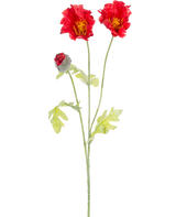Artificiell blomvallmo 73 cm röd har en enda grön stjälk med två öppna röda vallmoblommor, en delvis sluten röd knopp och ljusgröna blad, allt mot en vanlig vit bakgrund.