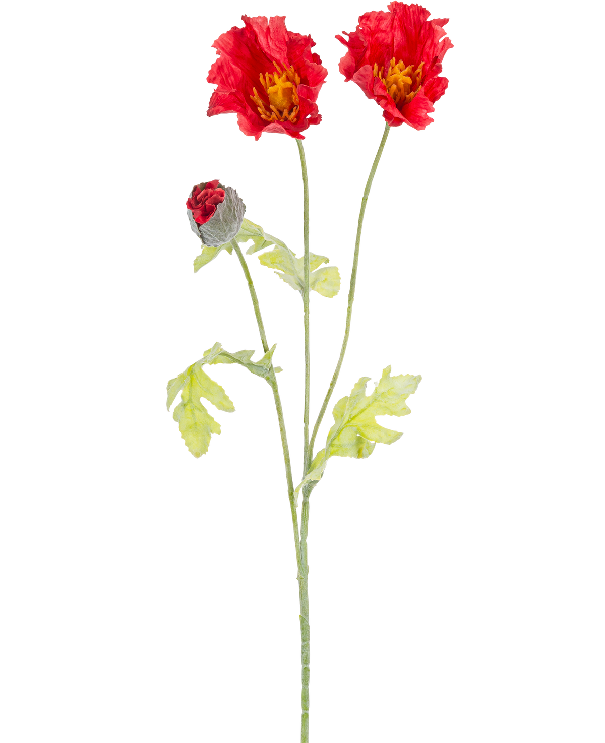 Artificiell blomvallmo 73 cm röd har en enda grön stjälk med två öppna röda vallmoblommor, en delvis sluten röd knopp och ljusgröna blad, allt mot en vanlig vit bakgrund.