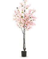 Konstgjord växt Bougainvillea 180 cm rosa med flera grenar fulla av små rosa blommor och gröna blad i en enkel svart kruka, mot vit bakgrund.