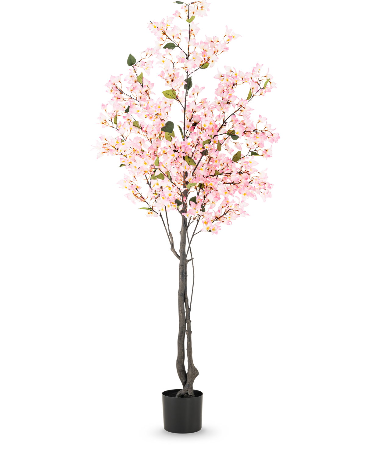Konstgjord växt Bougainvillea 180 cm rosa med flera grenar fulla av små rosa blommor och gröna blad i en enkel svart kruka, mot vit bakgrund.