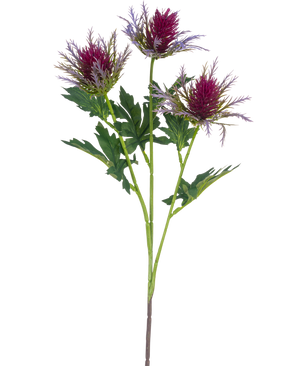 Artificiell grentistel 67 cm lila har en enda stjälk med tre taggiga, lila tistelliknande blommor och oregelbundna gröna blad mot en vit bakgrund.