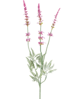 Den konstgjorda grenen lavendel 66 cm lila har en enda stjälk med tre höga, smala spikar av små lila blommor och flera gröna, tandade blad mot en vit bakgrund.