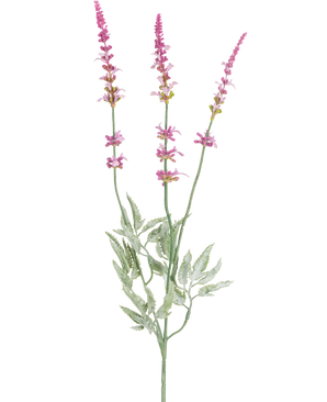 Den konstgjorda grenen lavendel 66 cm lila har en enda stjälk med tre höga, smala spikar av små lila blommor och flera gröna, tandade blad mot en vit bakgrund.