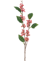 Artificiella grenbär 64 cm rosa har flera klasar av små, runda rosa bär med gröna tandade blad på tunna bruna stjälkar, alla isolerade mot en vit bakgrund.