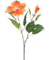 Den konstgjorda blomman Hibiscus 64 cm orange har en enda stjälk med gröna blad och två orange blommor, en fullblommande och en i knoppform, på vit bakgrund.