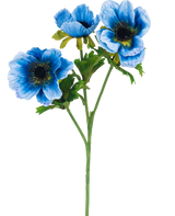 Den konstgjorda blommanemonen dubbel 56 cm blå har en enda grön stjälk med tre blå anemonblommor och flera gröna blad, avbildade mot en vanlig vit bakgrund.