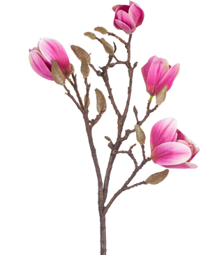 Artificiell blommagnolia 50 cm rosa är en brun konstgjord magnoliagren med olika rosa och vita blommor och fluffiga knoppar, avbildad mot en vit bakgrund.