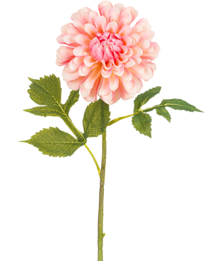 Artificiell blomdahlia 50 cm rosa är en enda rosa konstgjord dahlia med skiktade kronblad och en grön stjälk med tre uppsättningar tandade blad, mot en vit bakgrund.
