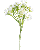 En enda konstgjord gren av Baby's Breath som mäter 46 cm med små fina vita blommor och gröna stjälkar mot en vanlig vit bakgrund.