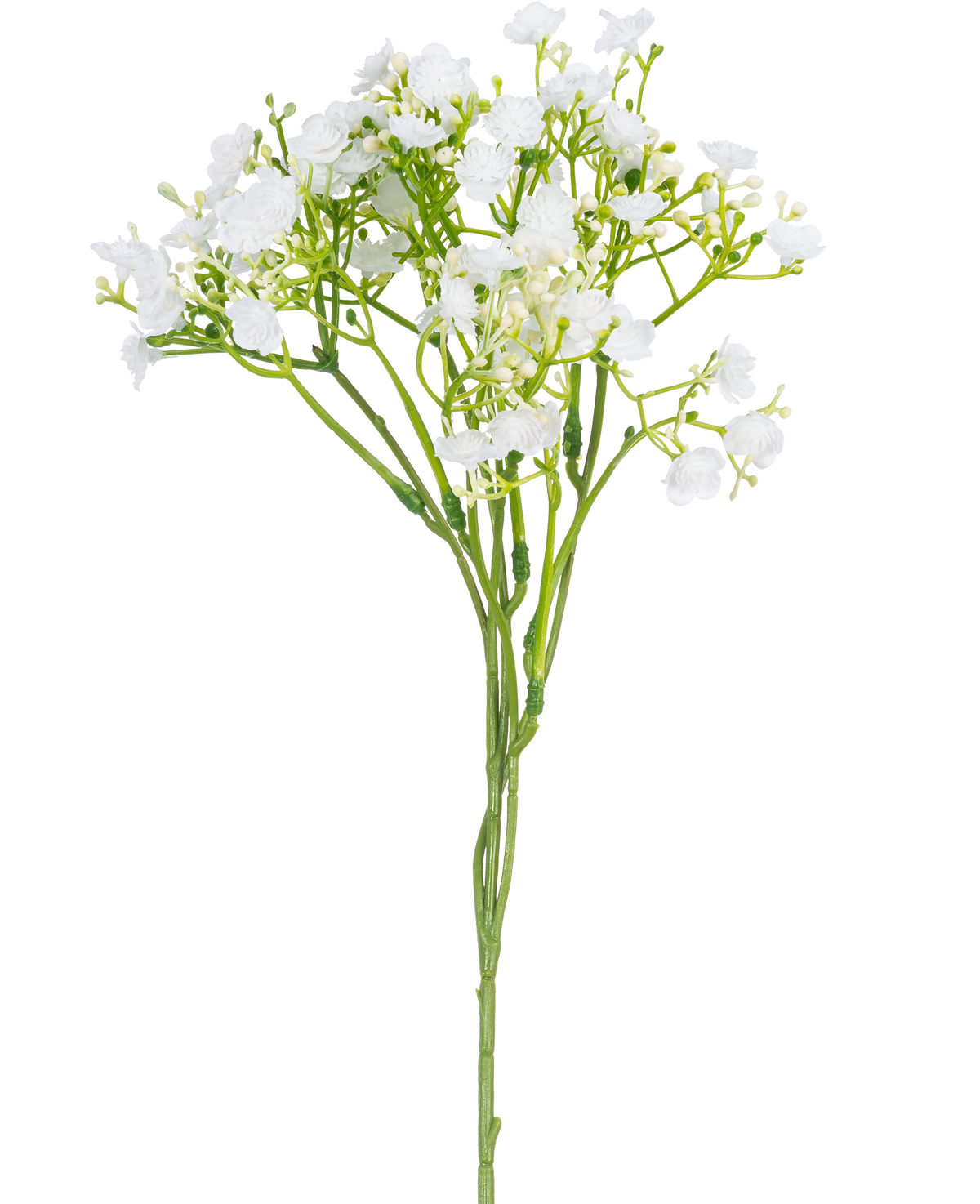 En enda konstgjord gren av Baby's Breath som mäter 46 cm med små fina vita blommor och gröna stjälkar mot en vanlig vit bakgrund.