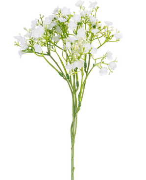 En enda konstgjord gren av Baby's Breath som mäter 46 cm med små fina vita blommor och gröna stjälkar mot en vanlig vit bakgrund.