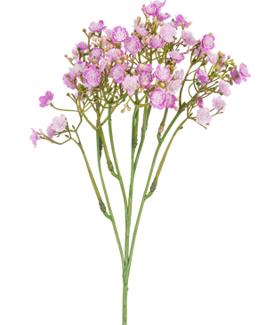 Artificiell Gypsophila Branch 46 cm rosa har känsliga rosa babyblommor med små, runda kronblad på tunna gröna stjälkar, mot en vit bakgrund.