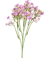 Artificiell Gypsophila Branch 46 cm rosa har känsliga rosa babyblommor med små, runda kronblad på tunna gröna stjälkar, mot en vit bakgrund.