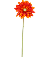 Artificiell blomma Gerbera mini 47 cm mjuk orange är en konstgjord tusensköna med skiktade kronblad, ett gult hjärta och en lång grön stjälk, isolerad på en vit bakgrund.