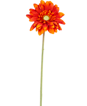 Artificiell blomma Gerbera mini 47 cm mjuk orange är en konstgjord tusensköna med skiktade kronblad, ett gult hjärta och en lång grön stjälk, isolerad på en vit bakgrund.