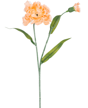Konstgjorda blomsternejlika 40 cm persika är en konstgjord nejlika i ljus persika med gröna blad och en liten oöppnad knopp, avbildad på vit bakgrund.