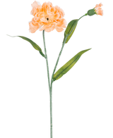 Konstgjorda blomsternejlika 40 cm persika är en konstgjord nejlika i ljus persika med gröna blad och en liten oöppnad knopp, avbildad på vit bakgrund.