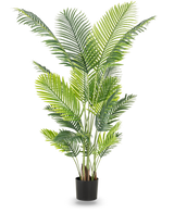 Den konstgjorda växten Phoenix 180 cm är en hög konstgjord växt med frodiga gröna blad i en svart kruka som tillför en tropisk atmosfär till alla rum. Avbildad mot en vanlig vit bakgrund.