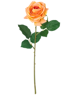 En konstgjord blomma Crystal touch fuktgivande ros Real Touch persika, 43 cm lång med gröna blad, utställd på en vanlig vit bakgrund.