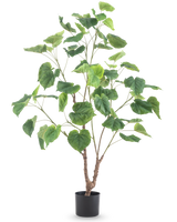 Konstgjorda växten Ficus 120 cm är en hög konstgjord växt med flera smala grenar och stora hjärtformade gröna blad, i en enkel svart kruka mot vit bakgrund.