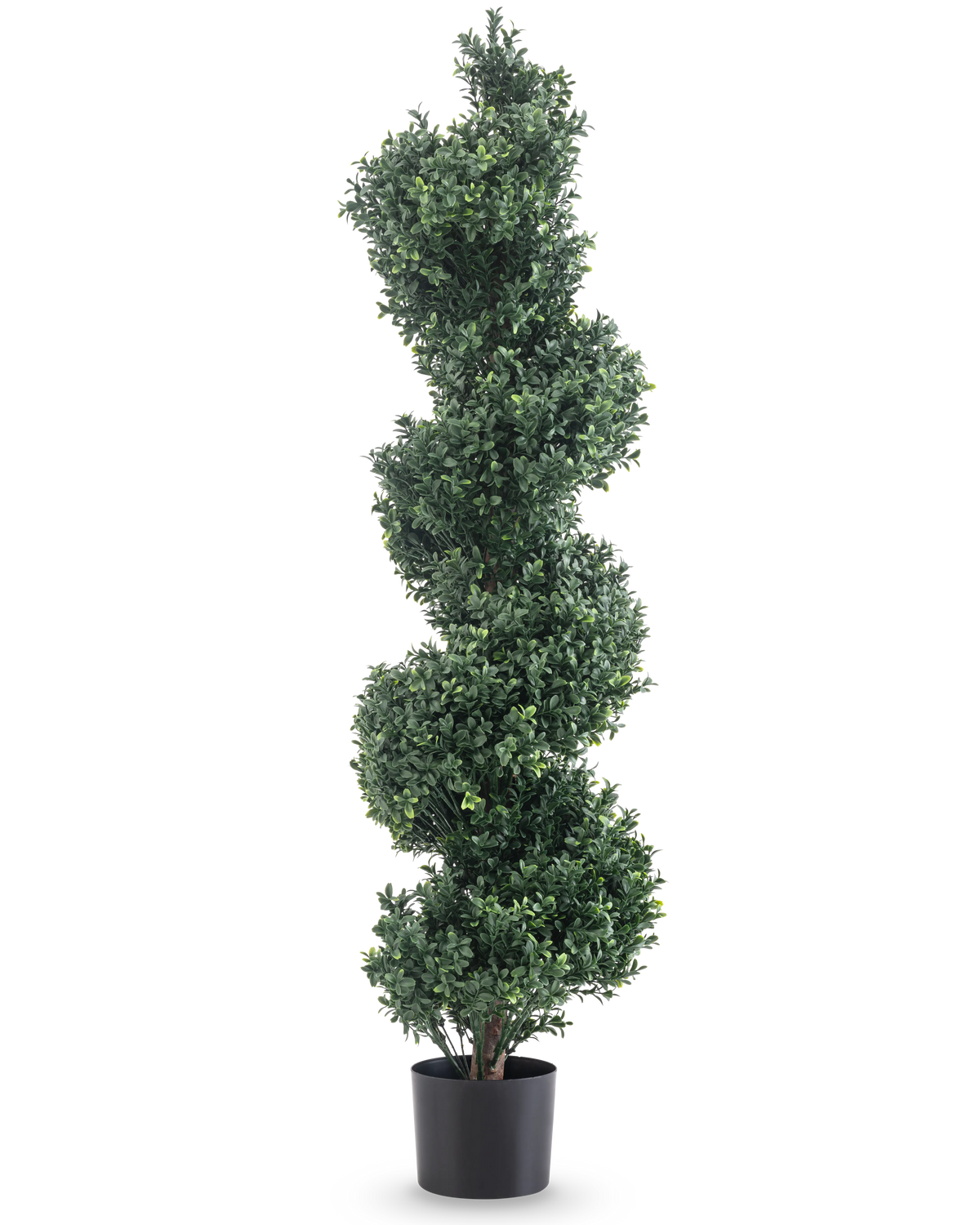 Artificiell buxbom Spiral Roman style UV 120cm är en konstgjord topiary med täta gröna spiralblad, i en enkel svart kruka och mot en vit bakgrund.