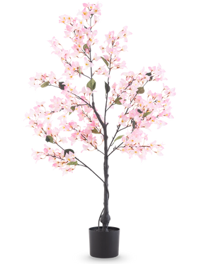 Artificiell Bougainvillea 120 cm rosa är ett konstgjort träd i en kruka med gröna blad och livfulla rosa blommor, avbildad mot en vanlig vit bakgrund.