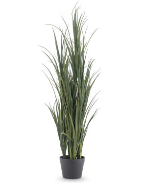 Konstgräsgrön UV 120cm är en hög konstgräsplanta med långa, smala gröna blad i en enkel svart kruka, mot en vanlig vit bakgrund.