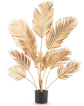 Artificiell palm Areca guld 120 cm har metalliska guldpalmblad i en svart kruka, mot en vanlig vit bakgrund.