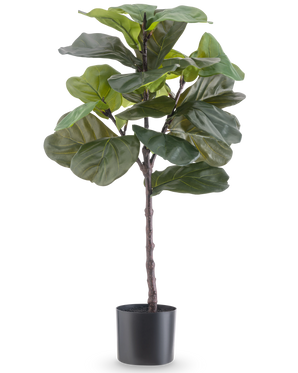 Artificiell växt Ficus Tobacco Plant Deluxe 90 cm är en hög konstgjord krukväxt med stora, glänsande gröna blad i en svart kruka, avbildad mot en vanlig vit bakgrund.