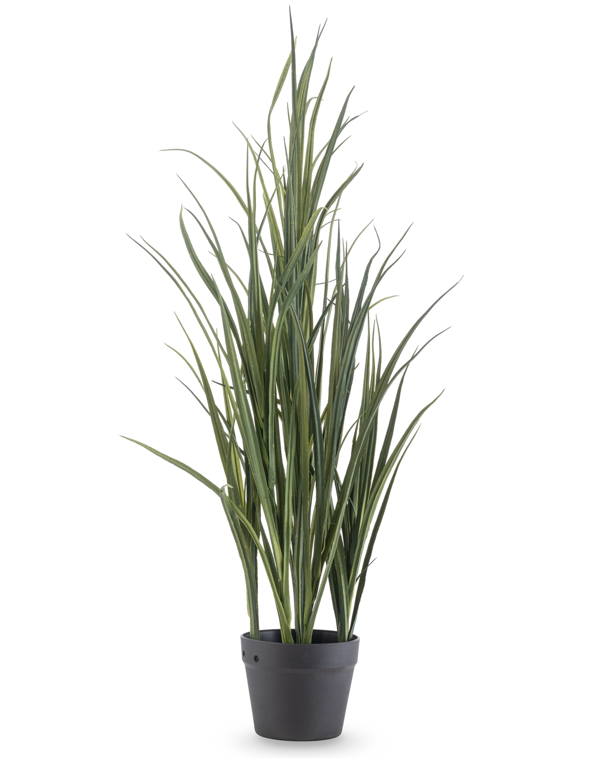 Konstgräsgrön UV 90cm är en hög konstgjord växt med långa, smala gröna blad som står upprätt i en mörkgrå kruka på en vanlig vit bakgrund.