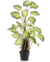 Den konstgjorda växten Alocasia Odora 90 cm har stora, gröna, hjärtformade blad och flera stjälkar i en enkel svart kruka, mot en vanlig vit bakgrund.